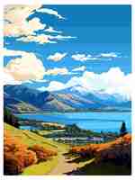 Vector wanaka new zealand vintage travel poster souvenir postcard portrait painting wpa illustration