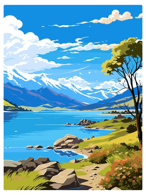 Vector wanaka new zealand vintage travel poster souvenir postcard portrait painting wpa illustration