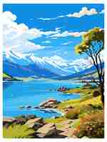 Vector wanaka nieuw-zeeland vintage reisposter souvenir postkaart portret schilderij wpa illustratie