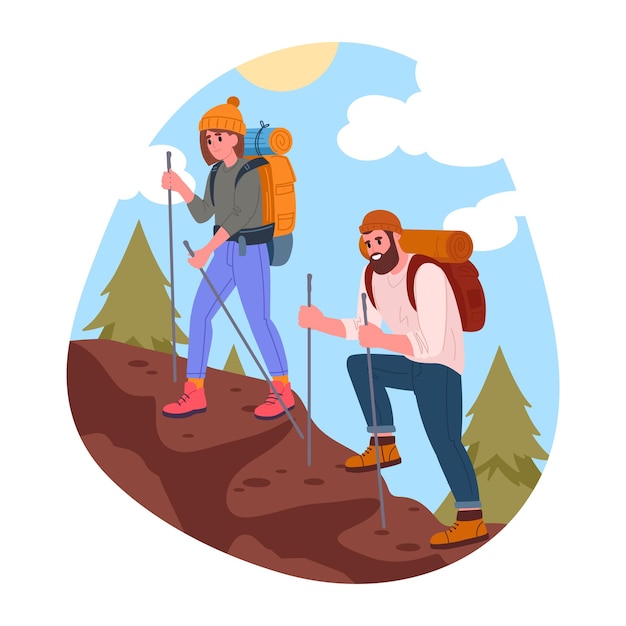 Wandel actieve toeristen Paar klimmen berg trekking en backpacking mannelijke en vrouwelijke personages outdoor avontuur platte vector illustratie Toeristen wandelen op bergweg