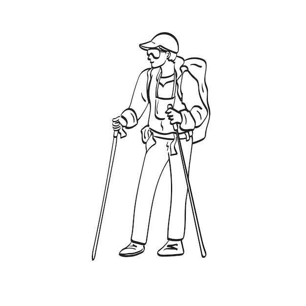 Wandelaar jonge man met rugzak en trekking palen staande illustratie vector hand getekend