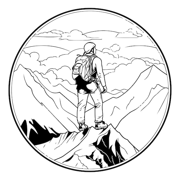 Wandelaar op de top van de berg Zwart-wit vector illustratie