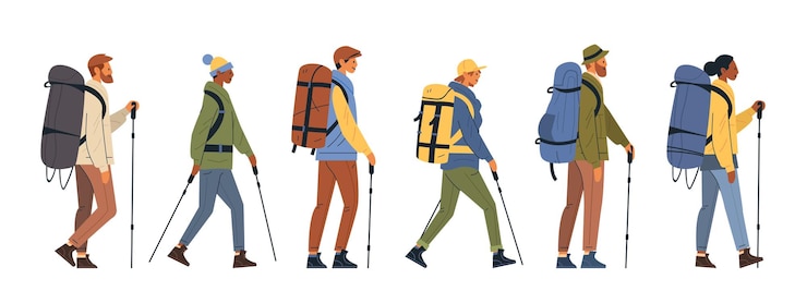 Vector wandelaars op wandeling in de open lucht diverse groep met rugzakken wandelstokken kleurrijke kleding geïsoleerd op witte achtergrond
