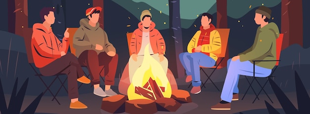 Vector wandelaars zitten bij een kampvuur wandelen camping concept mensen brengen tijd door's nachts zomerkamp in het bos vrienden bedrijf op vakantie
