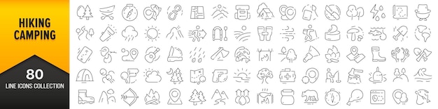 Wandelen en kamperen lijn iconen collectie grote ui icon set in een plat ontwerp dunne omtrek iconen pack vector illustratie eps10