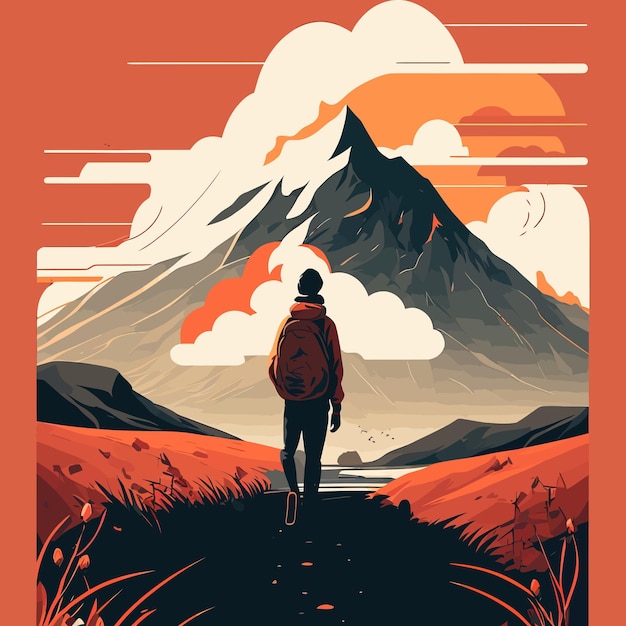 Wandelen in de bergen Camping illustratie in oranje Vectorillustratie in platte ontwerpstijl