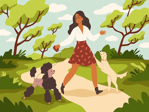 Wandelen met hond. Jonge vrouw en gelukkige honden aan de leiband in het stadspark van de zomer, eigenaar en huisdieren spelen buiten, grappige huisdieren op de natuur. Meisje met poedel en labrador moderne cartoon vector concept