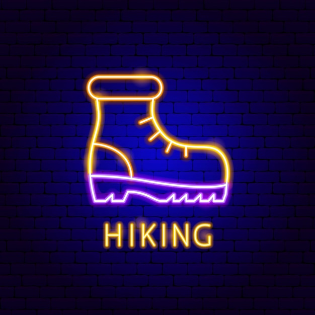 Wandelen neon label. vectorillustratie van schoenpromotie.