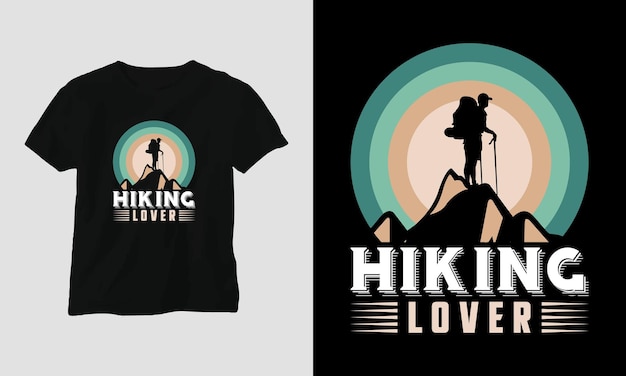 Vector wandelen t-shirt ontwerpconcept. ontworpen met bergen, silhouet, bomen en vintage stijl.