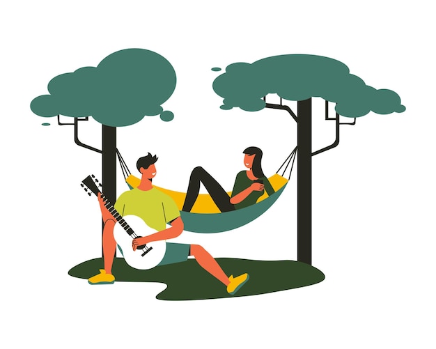 Wandelsamenstelling met mannelijk karakter dat gitaar speelt met meisje dat in hangmat tussen bomen ligt illustratie
