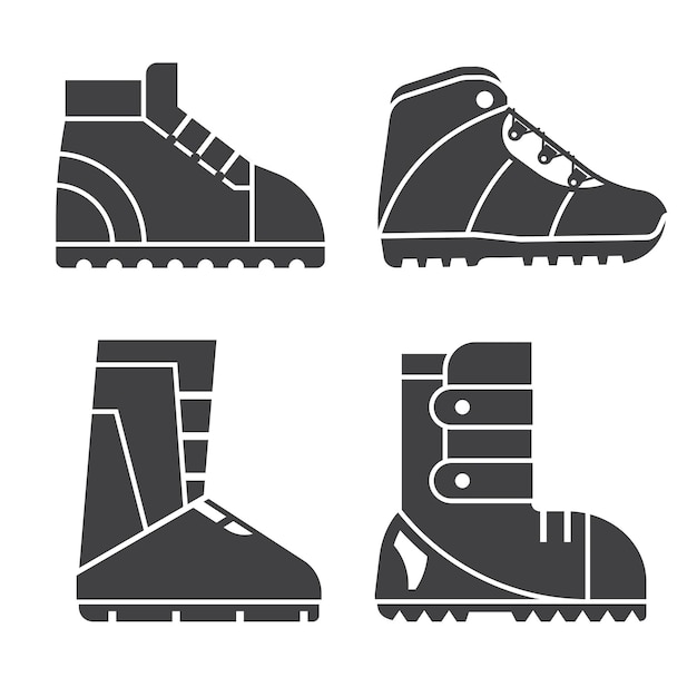 Vector wandelschoenen en snowboardlaarzen schetsen vector iconen sportschoenen voor buitenactiviteiten silhouetten set