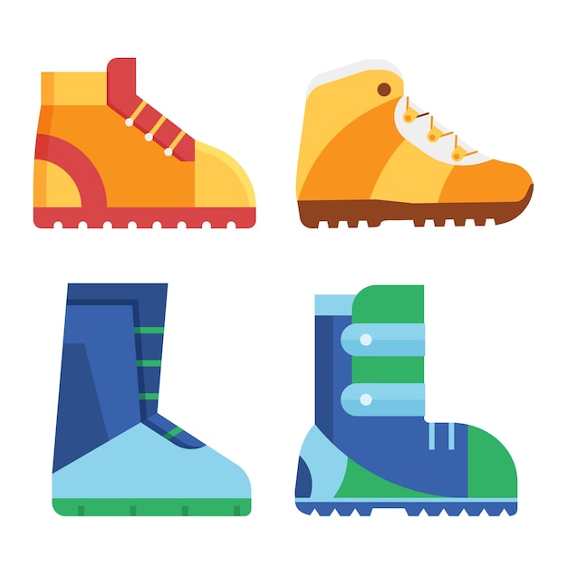 Wandelschoenen en snowboardlaarzen vector iconen Sportschoenen voor buitenactiviteiten