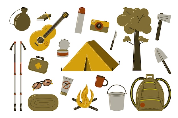 Wandeluitrusting elementen bundel Tentrugzak gitaar trekkingstokken thermos servies slaapzak