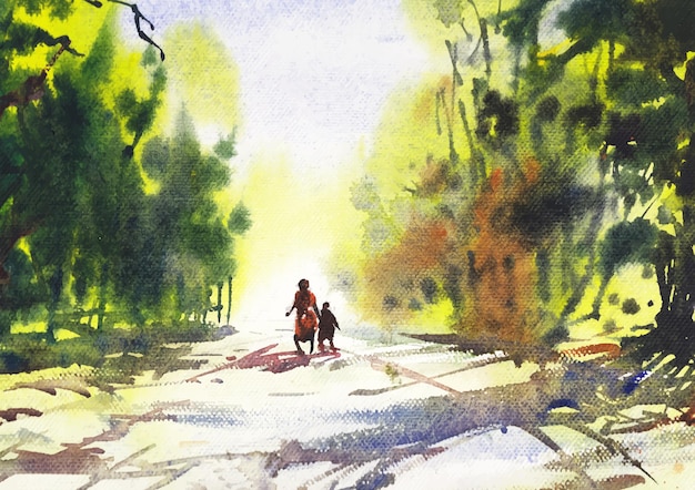 wandelweg dorpskant landschapsschilderij door aquarel
