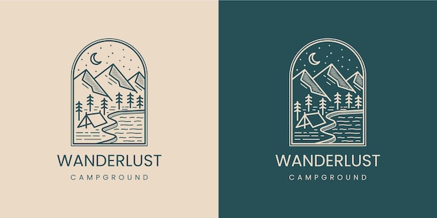 Campeggio wanderlust nel design del logo monolinea della foresta