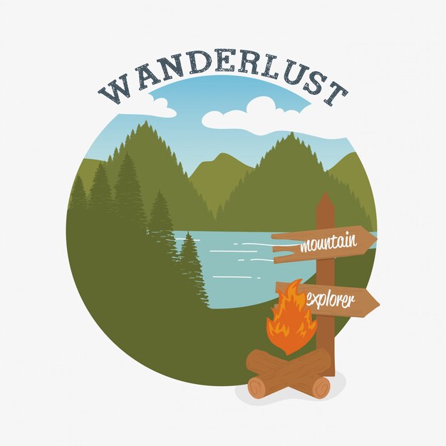 Vector wanderlust label with campfire scene