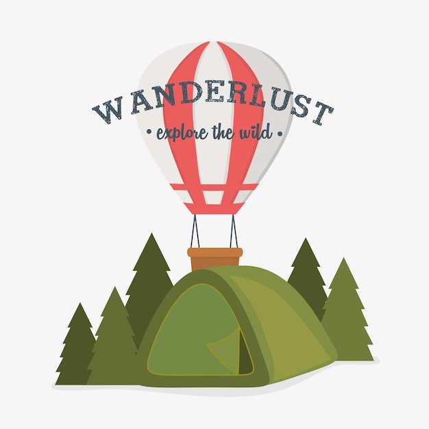 Wanderlust label with forest scene and camping tent