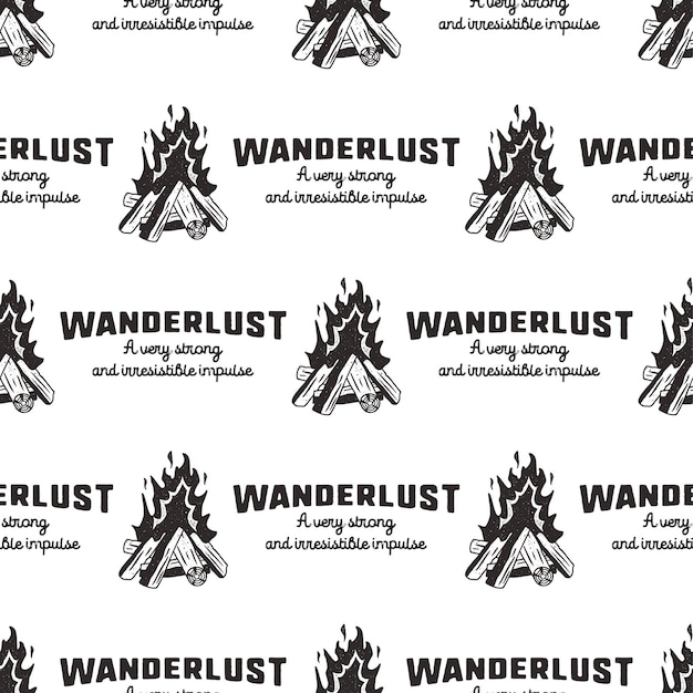 Wanderlust pattern design - outdoors adventure naadloze achtergrond met kampvuur en reislust citaten. verontruste stijl. leuk voor camping avontuur tee, kleding, verpakking, andere prints. voorraad vector