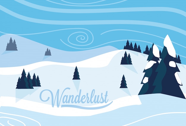 Vector wanderlust poster with snowscape illustration