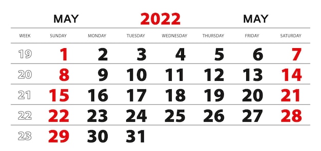 Wandkalender 2022 voor mei, weekstart vanaf zondag.