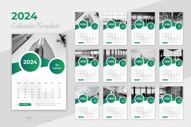 Wandkalender gelukkig nieuwjaar 2024 sjabloonontwerp