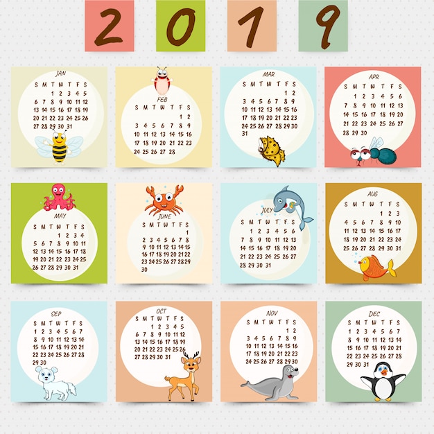 Vector wandkalender ontwerp voor 2019.