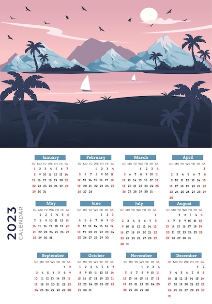 Wandkalender voor 2023 met prachtige seizoenslandschappen, natuur. nieuwe jaarkalender voor 2023 jaar.