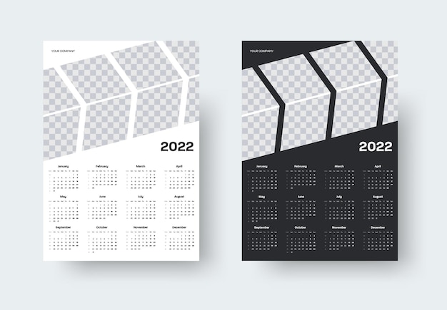 Wandkalendersjabloon voor 2022 met weeknummering, met pijlen voor een foto, op een witte, zwarte achtergrond. 12 maanden kantoorplanner ontwerp, afdrukbare pagina-indeling. vectorillustratie, bedrijfsomslag