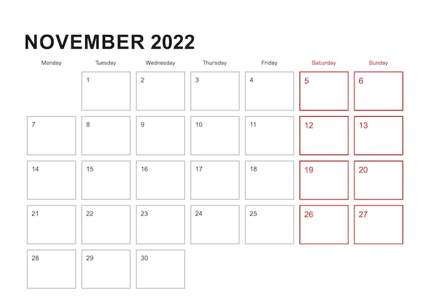 Wandplanner voor november 2022 in het engels, week begint op maandag. vectorkalender 2022.