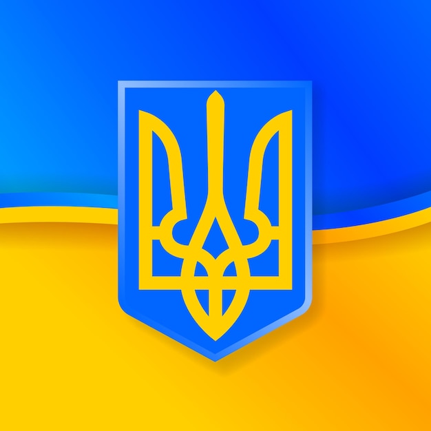 Wapen van Oekraïne tegen de achtergrond van een geelblauwe vlag