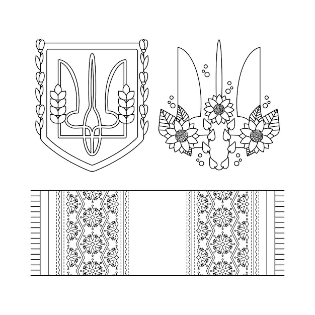 Vector wapenschild van oekraïne en handdoek met borduurwerk oekraïense symbolen