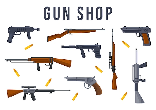 Wapenwinkel of jacht met geweer en jachtuitrusting in vlakke stijl cartoon handgetekende illustratie