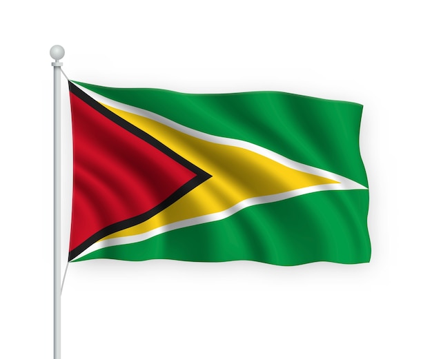 wapperende vlag Guyana op vlaggenmast geïsoleerd op wit