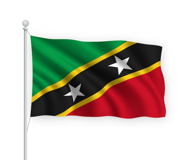 wapperende vlag Saint Kitts en Nevis op vlaggenmast geïsoleerd op wit