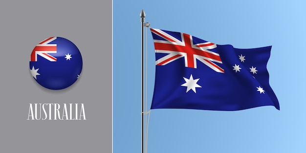 Wapperende vlag van Australië op vlaggenmast en ronde pictogram illustratie