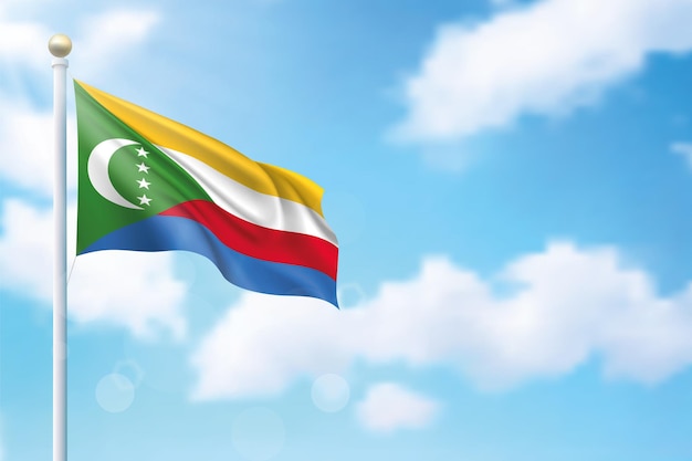 Wapperende vlag van de Comoren op hemelachtergrond sjabloon voor de dag van de onafhankelijkheid posterontwerp