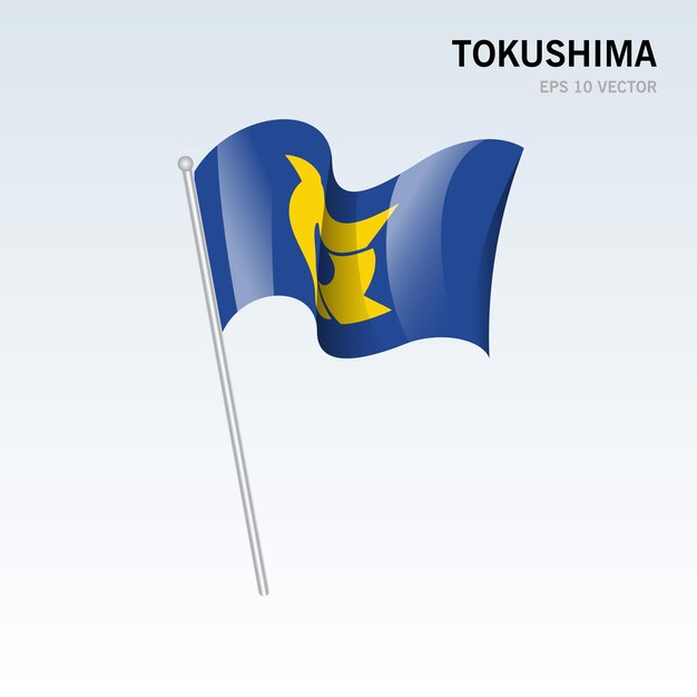 Wapperende vlag van de prefecturen Tokushima van Japan geïsoleerd op een grijze achtergrond