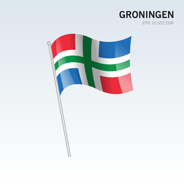 Wapperende vlag van de provincies van groningen van nederland geïsoleerd op een grijze achtergrond