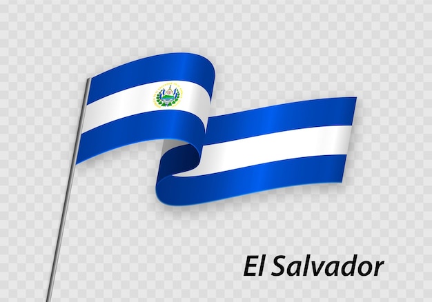 Wapperende vlag van El Salvador op vlaggenmast Sjabloon voor onafhankelijkheidsdag