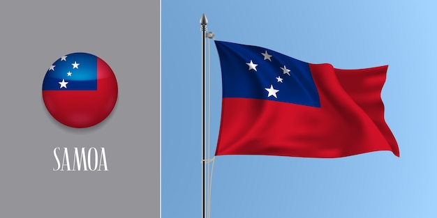 Wapperende vlag van samoa op vlaggenmast en ronde pictogram illustratie