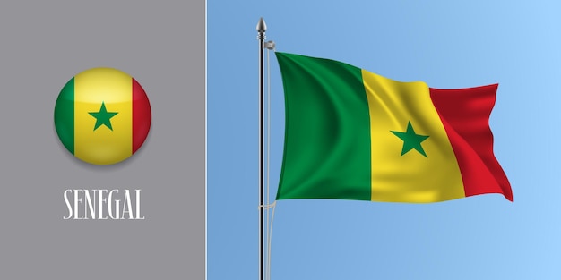 Wapperende vlag van Senegal op vlaggenmast en ronde pictogram. Realistische 3d van cirkel knop