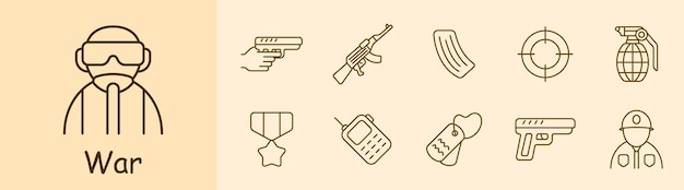 War set icon Hand pistol machine gun automatic rifle clip rifle magazine sight grenade medal walkie talkie tag military mercenary operative modern warfare Weapon concept