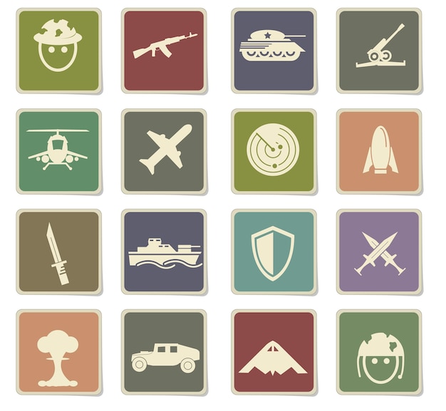 War symbols icons on square paper stickers with shadow