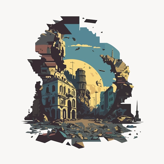 War on Ukraine concept destroyed ukrainian city flat vector illustration