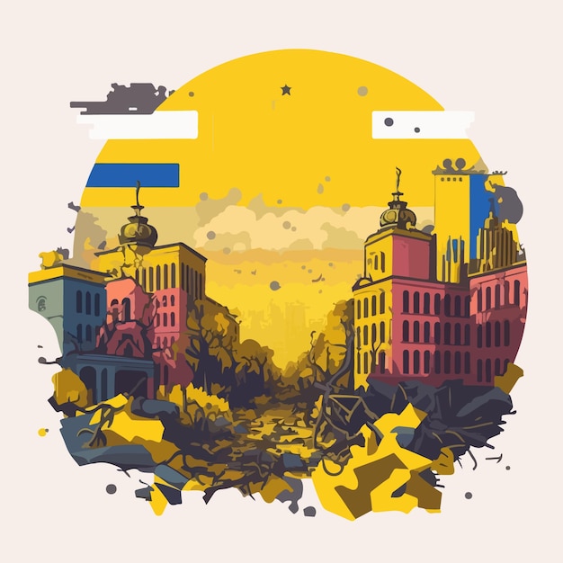 War on Ukraine concept destroyed ukrainian city flat vector illustration