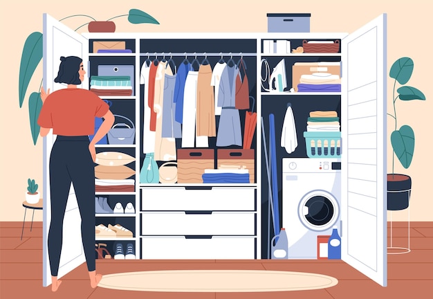 Vector wardrobe after decluttering and putting in order. woman in front of tidy closet with organized arranged storage system for clothes, folded on shelves and hanging on racks. flat vector illustration.