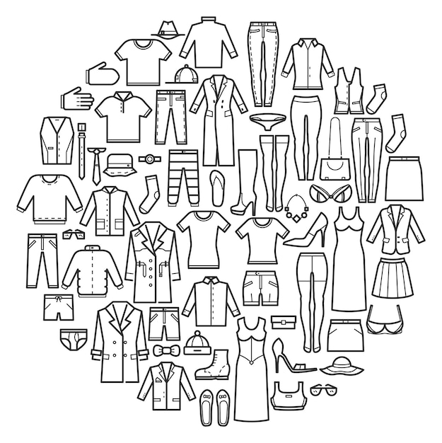 Vector wardrobe icons in round shape clothes line symbol isolated on white background