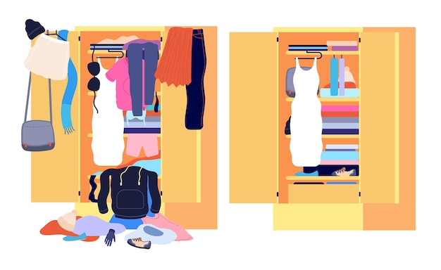 Wardrobe mess. messy cloth, before after home clothes organization. open cabinet clutter, tidy untidy fashion interior utter vector concept. illustration untidy pile and mess wardrobe