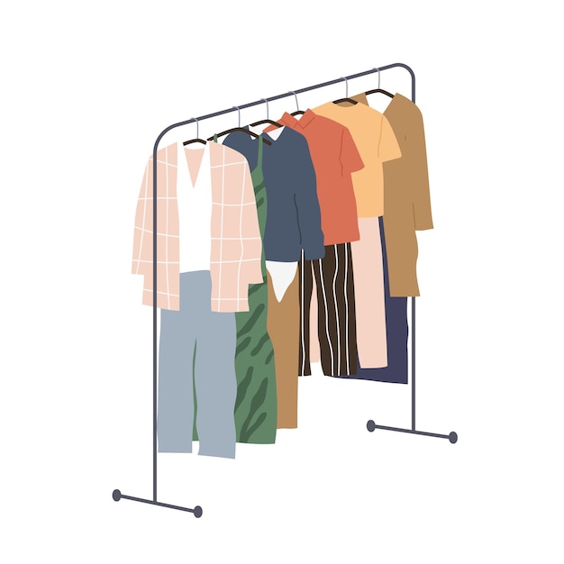 Vector wardrobe of modern women clothing hanging on floor hanger rack. assortment of casual apparels. collection of stylish summer garments. flat vector illustration isolated on white background.