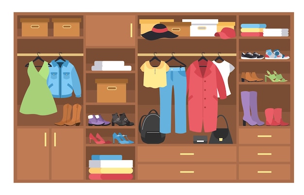 Wardrobe. organization and storage clothing, wooden closet with shelves, stacks and hangers with clothes modern women dress shoes and accessories colorful apparel female fashion cartoon vector concept